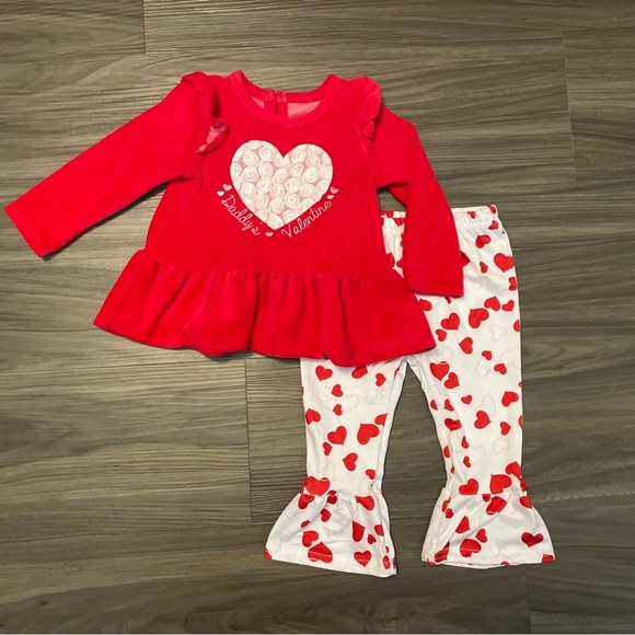 Baby Starters Red Girl Velour Daddy’s Valentine top with bell bottoms size 12M - Picture 1 of 9